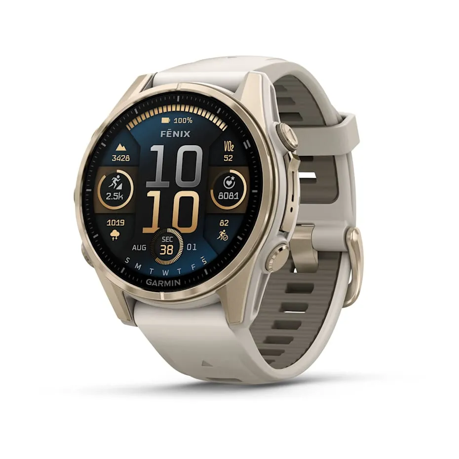 fēnix® 8 – 43 mm | AMOLED - Sapphire, Soft Gold with Fog Silicone Band