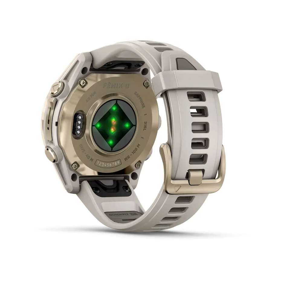 fēnix® 8 – 43 mm | AMOLED - Sapphire, Soft Gold with Fog Silicone Band