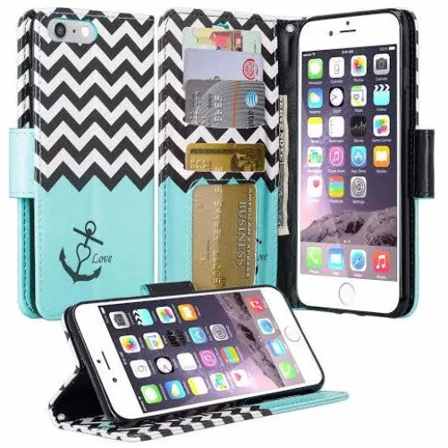 For Apple iPhone 7 Case,  Wrist Strap Pu Leather Magnetic Flip Fold[Kickstand] Wallet Case with ID & Card Slots for Iphone 7 - Teal Anchor