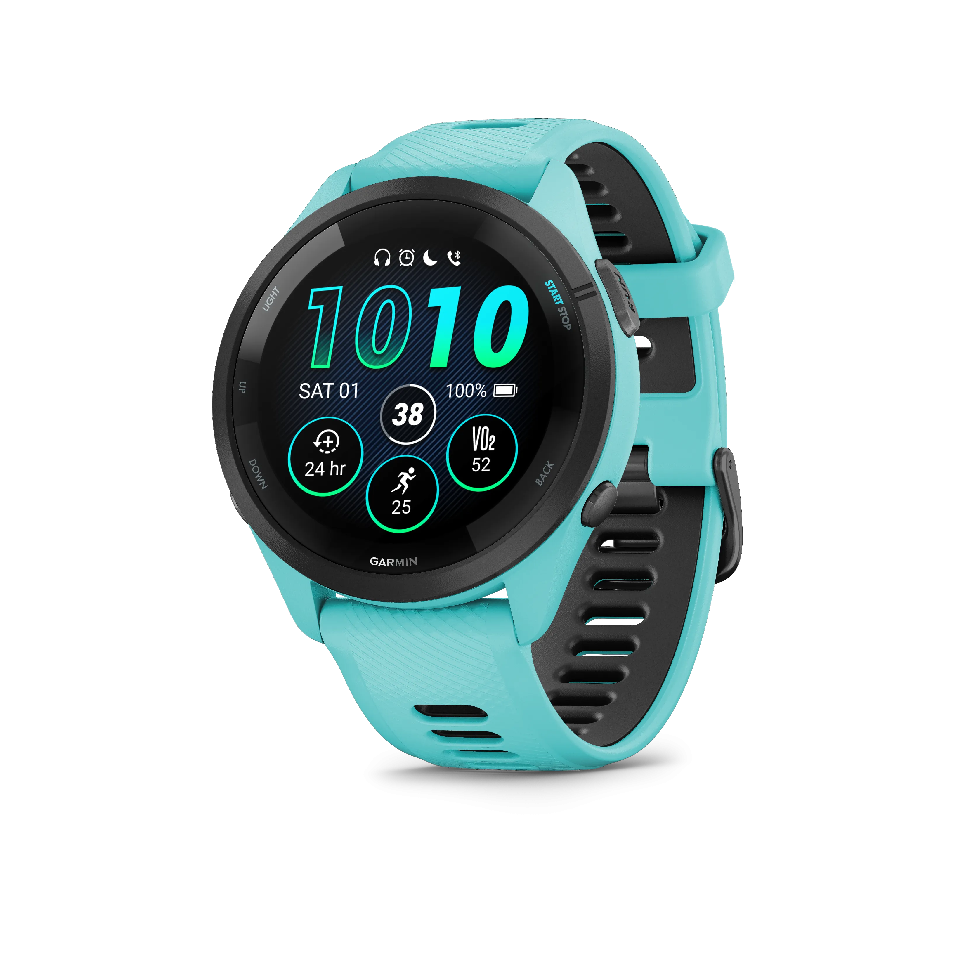 Forerunner® 265 (Black Bezel with Aqua Case and Aqua/Black Silicone Band)