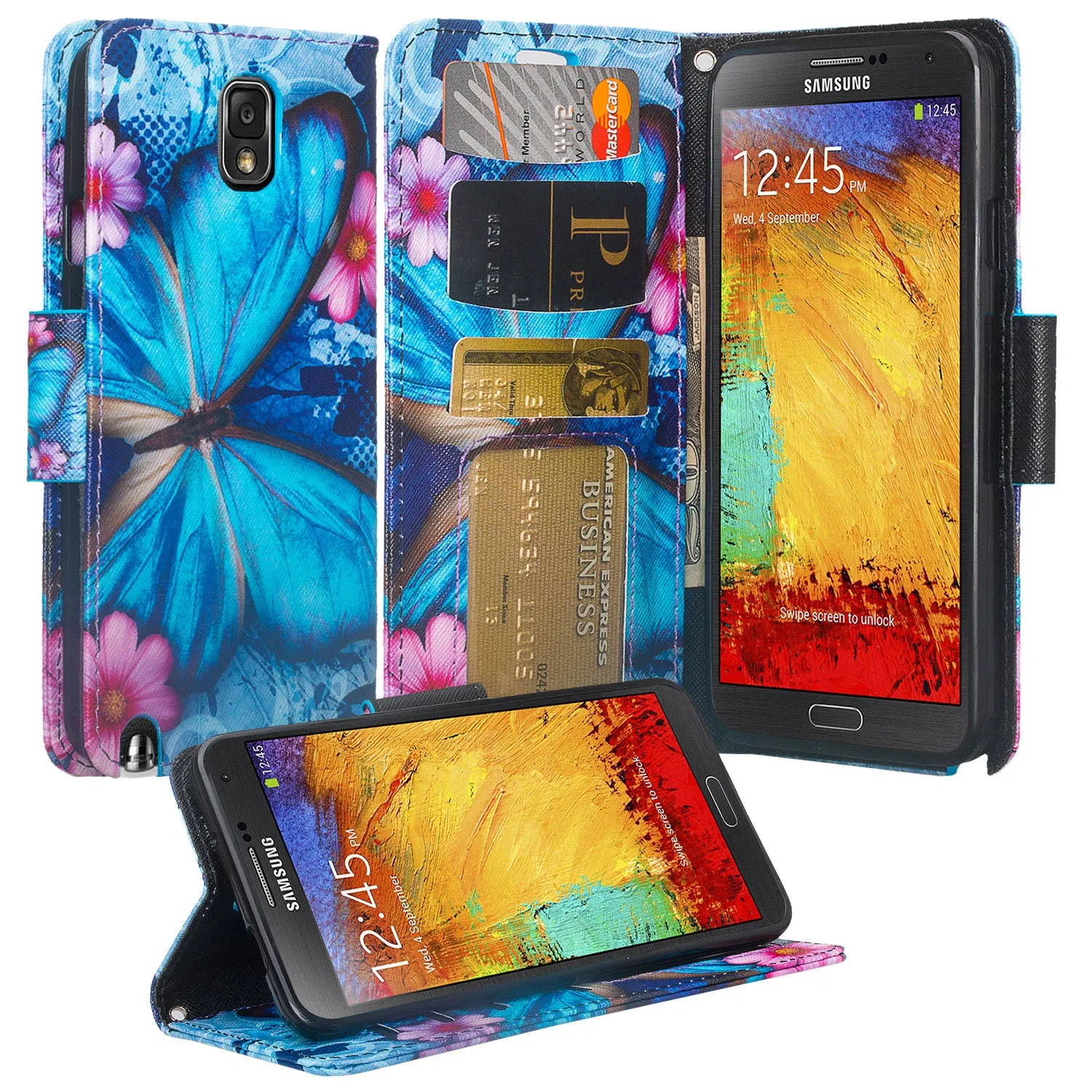 Galaxy Note 3 Case, Wrist Strap Pu Leather Magnetic Fold[Kickstand] Wallet Case with ID & Card Slots for Samsung Galaxy Note 3 - Blue Butterfly