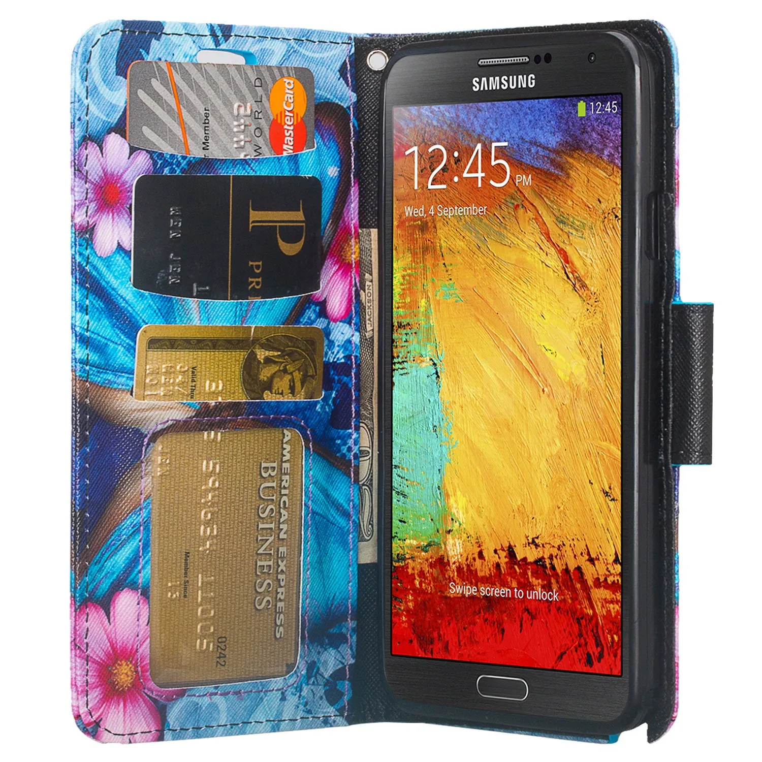 Galaxy Note 3 Case, Wrist Strap Pu Leather Magnetic Fold[Kickstand] Wallet Case with ID & Card Slots for Samsung Galaxy Note 3 - Blue Butterfly