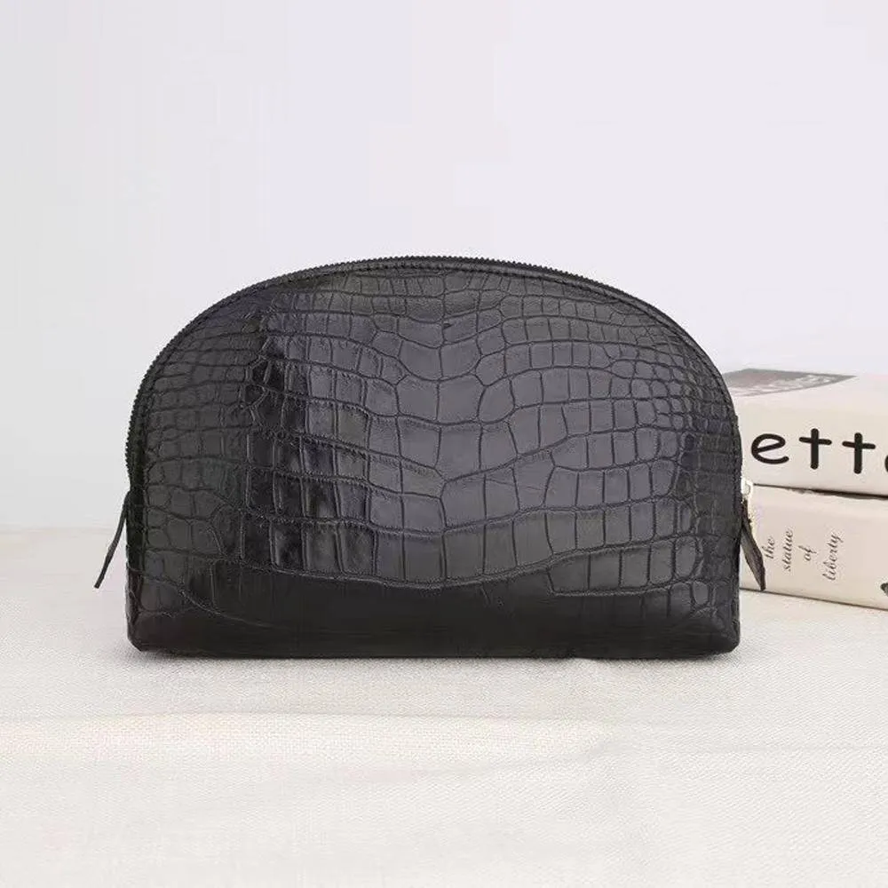 Genuine Croc Leather Cosmetic Pouch Moon Bag - Black