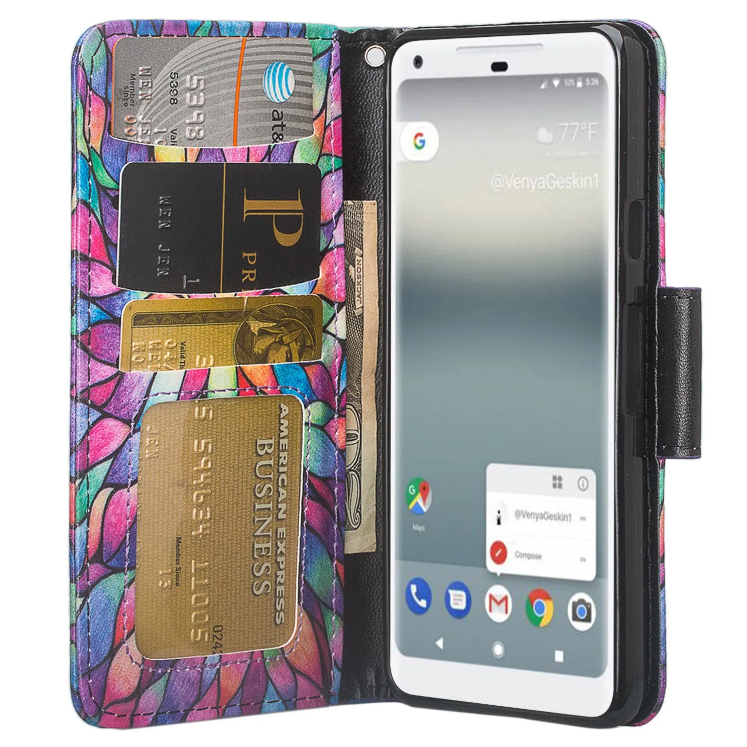 Google Pixel 2 XL Case, Pixel 2 XL Case, Slim Flip Folio [Kickstand] Pu Leather Wallet Case with ID & Card Slots & Pocket   Wrist Strap - Rainbow Flower