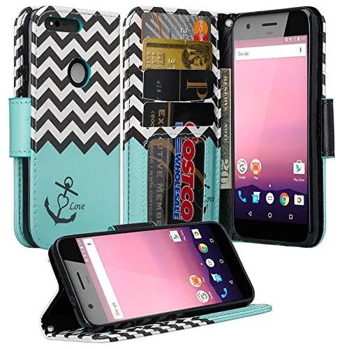 Google Pixel Case, Pu Leather Magnetic Fold[Kickstand] Wallet Case with ID & Card Slots for Google Pixel - Teal Anchor