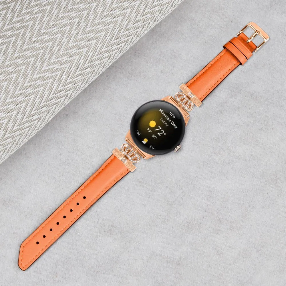 Google Pixel Watch 1 / 2 / 3 Læder Rem m. Rose Gold Rhinsten Spænde - Orange