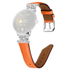 Google Pixel Watch 1 / 2 / 3 Læder Rem m. Sølv Rhinsten Spænde - Orange