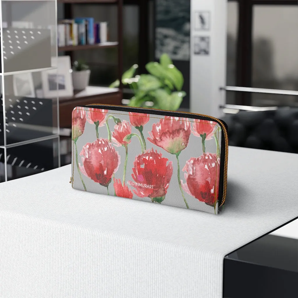 Grey Red Tulips Best Zipper Wallet, Red Tulips Flower Print Best Long Compact Wallet For Women