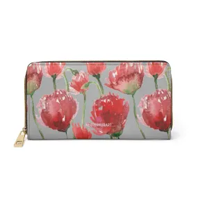 Grey Red Tulips Best Zipper Wallet, Red Tulips Flower Print Best Long Compact Wallet For Women