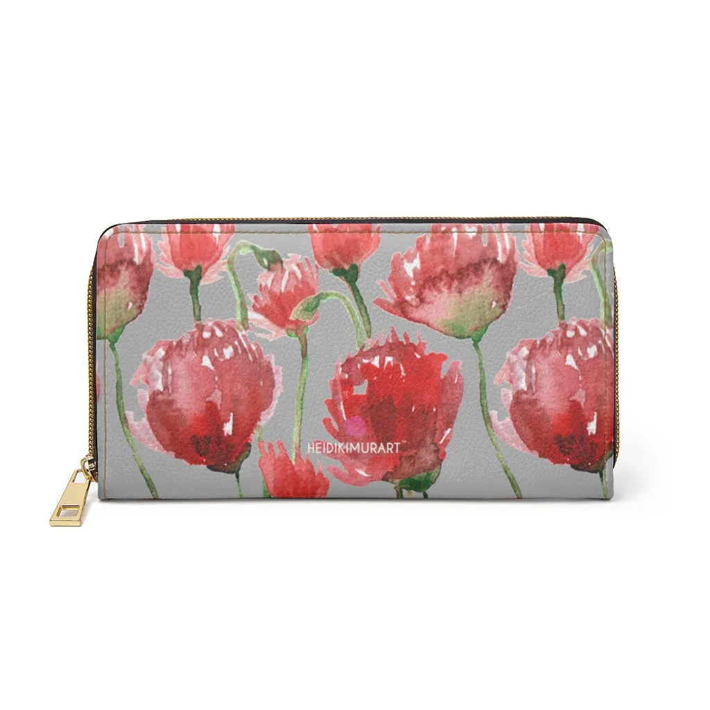 Grey Red Tulips Best Zipper Wallet, Red Tulips Flower Print Best Long Compact Wallet For Women