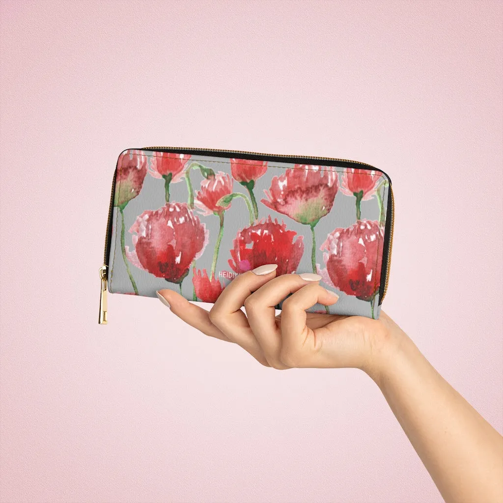 Grey Red Tulips Best Zipper Wallet, Red Tulips Flower Print Best Long Compact Wallet For Women