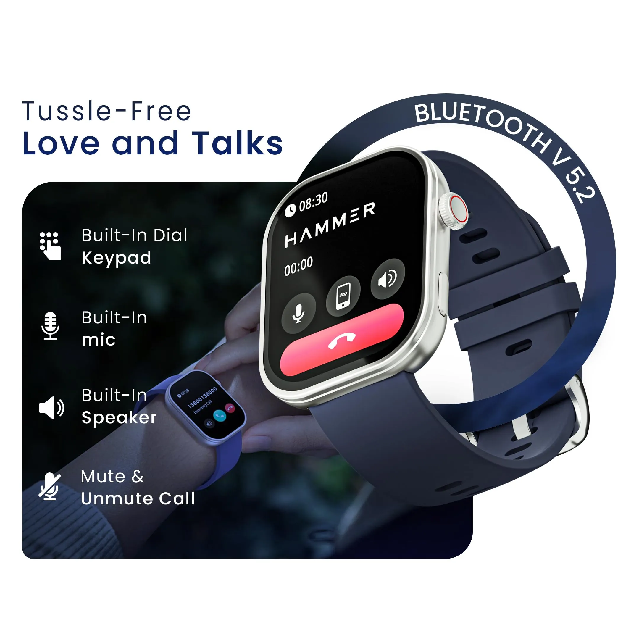 Hammer Tussle 2.01" HD Display Smart Watch, Bluetooth Calling, Rotating Crown, Voice Assistant, In-Built Games, Smart Notifications, Customized Watchfaces, Sports Mode, DND, Raise to Wake Admiral Blue