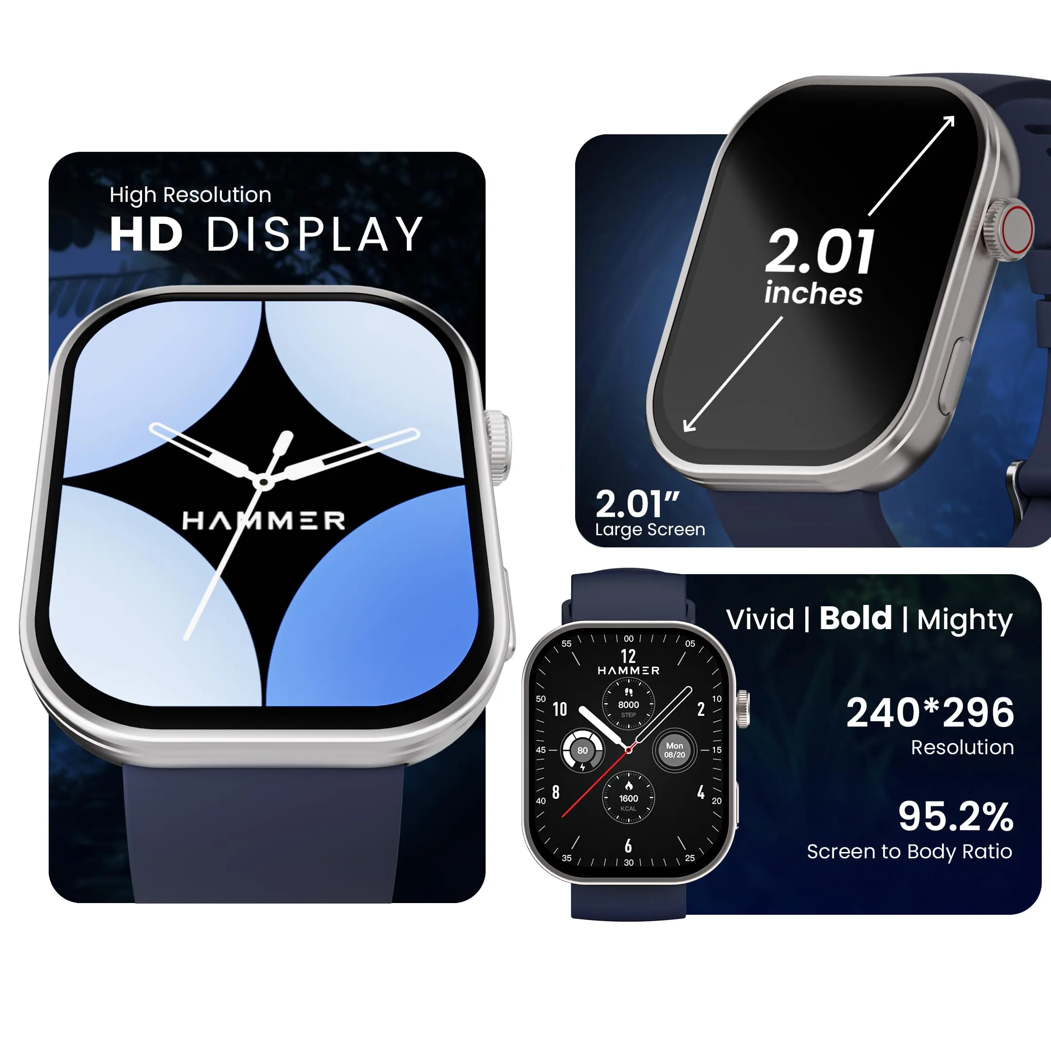 Hammer Tussle 2.01" HD Display Smart Watch, Bluetooth Calling, Rotating Crown, Voice Assistant, In-Built Games, Smart Notifications, Customized Watchfaces, Sports Mode, DND, Raise to Wake Admiral Blue