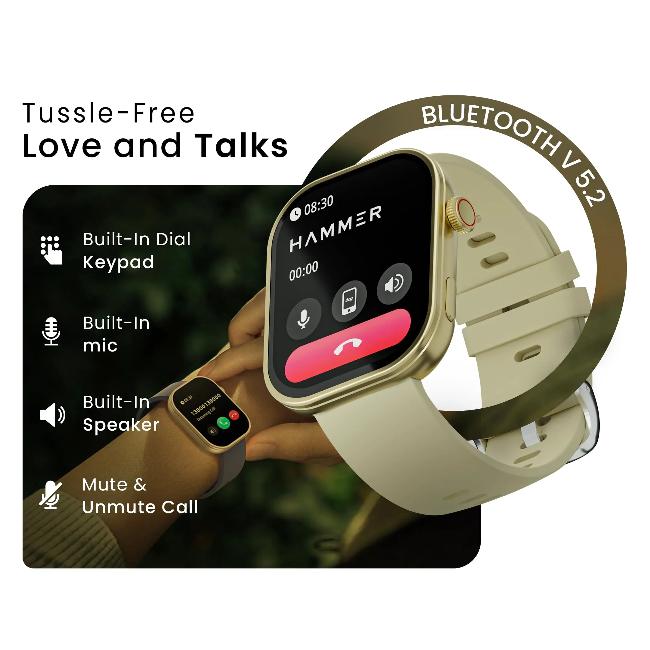 HAMMER Tussle 2.01" HD Display Smart Watch, Bluetooth Calling, Rotating Crown, Voice Assistant, in-Built Games, Smart Notifications, Customized Watchfaces, Sports Mode, DND, Raise to Wake