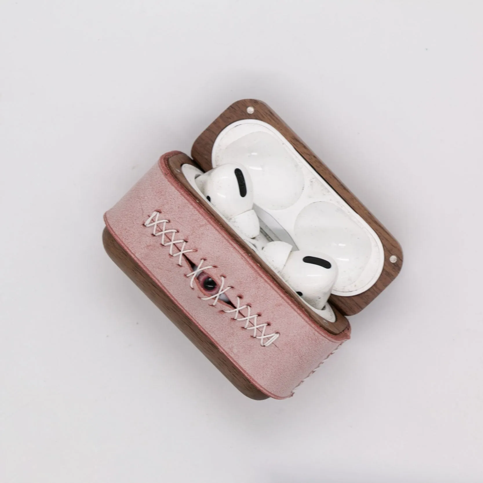 Handmade Pink Leather Wood AirPods 1,2 Case with Eye Pink Leather AirPods 1,2 Case Airpod Case Cover