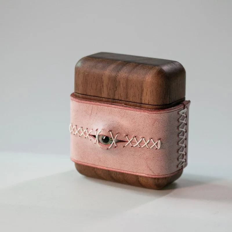 Handmade Pink Leather Wood AirPods 1,2 Case with Eye Pink Leather AirPods 1,2 Case Airpod Case Cover