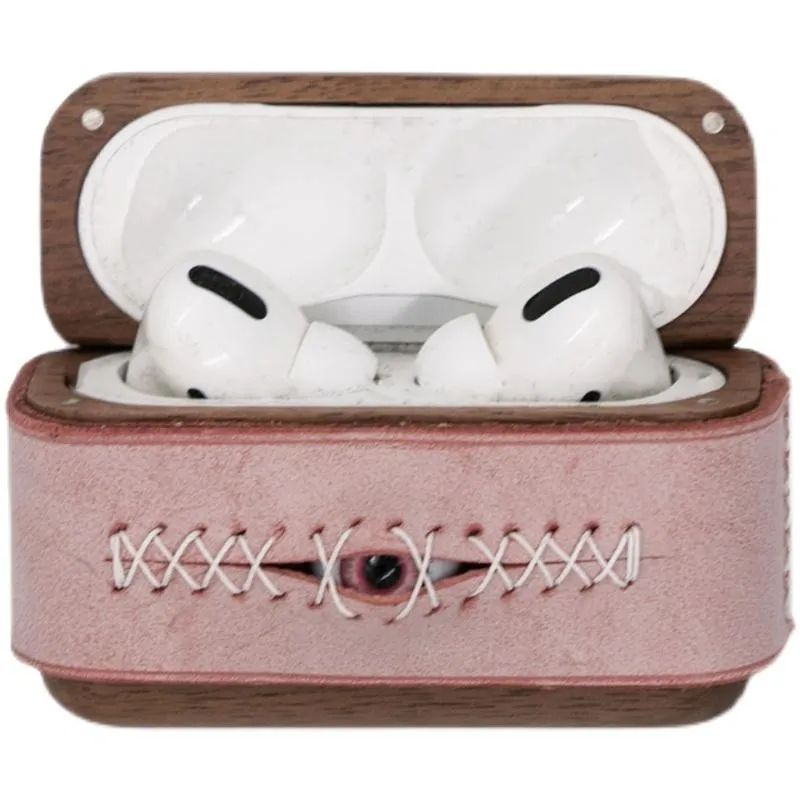 Handmade Pink Leather Wood AirPods 1,2 Case with Eye Pink Leather AirPods 1,2 Case Airpod Case Cover