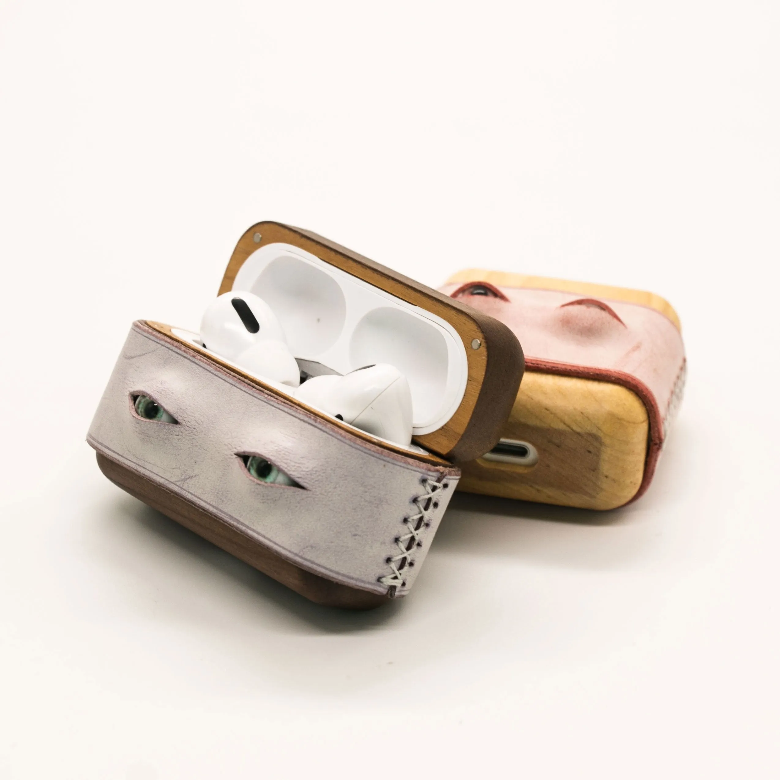 Handmade Pink Leather Wood AirPods Pro Case with Eyes Custom Leather AirPods Pro Case Airpod Case Cover