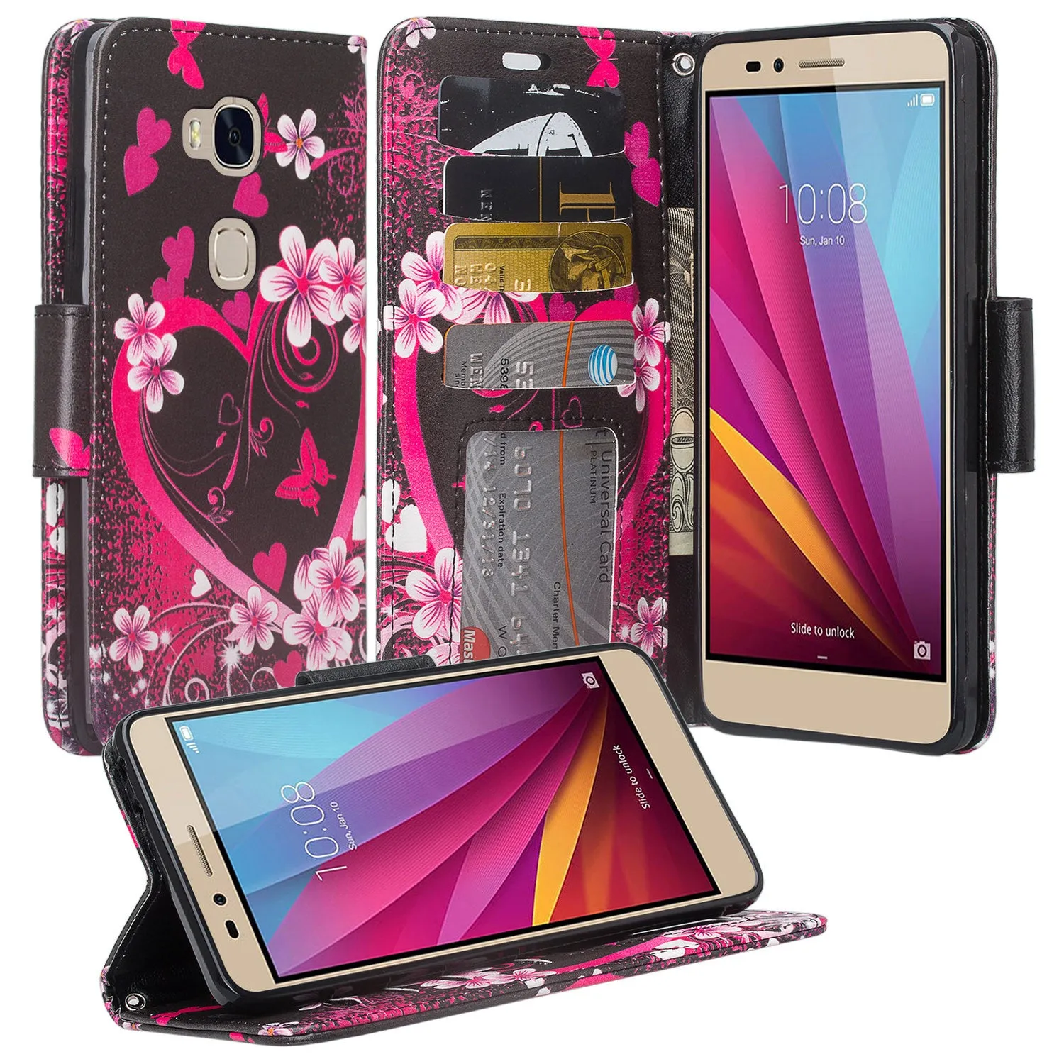 Huawei Sensa LTE Case, Wrist Strap Pu Leather Magnetic Fold[Kickstand] Wallet Case Cover with ID & Credit Card Slots for Huawei Sensa LTE - Heart Butterflies