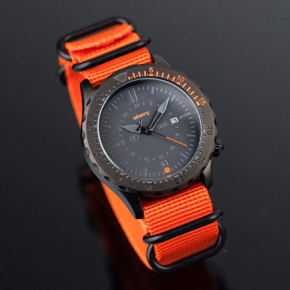 INFANTRY Mens Watches Sports Date Day Quartz Wrist Watch Military Orange G10 Nylon Strap Aviator Army Watch