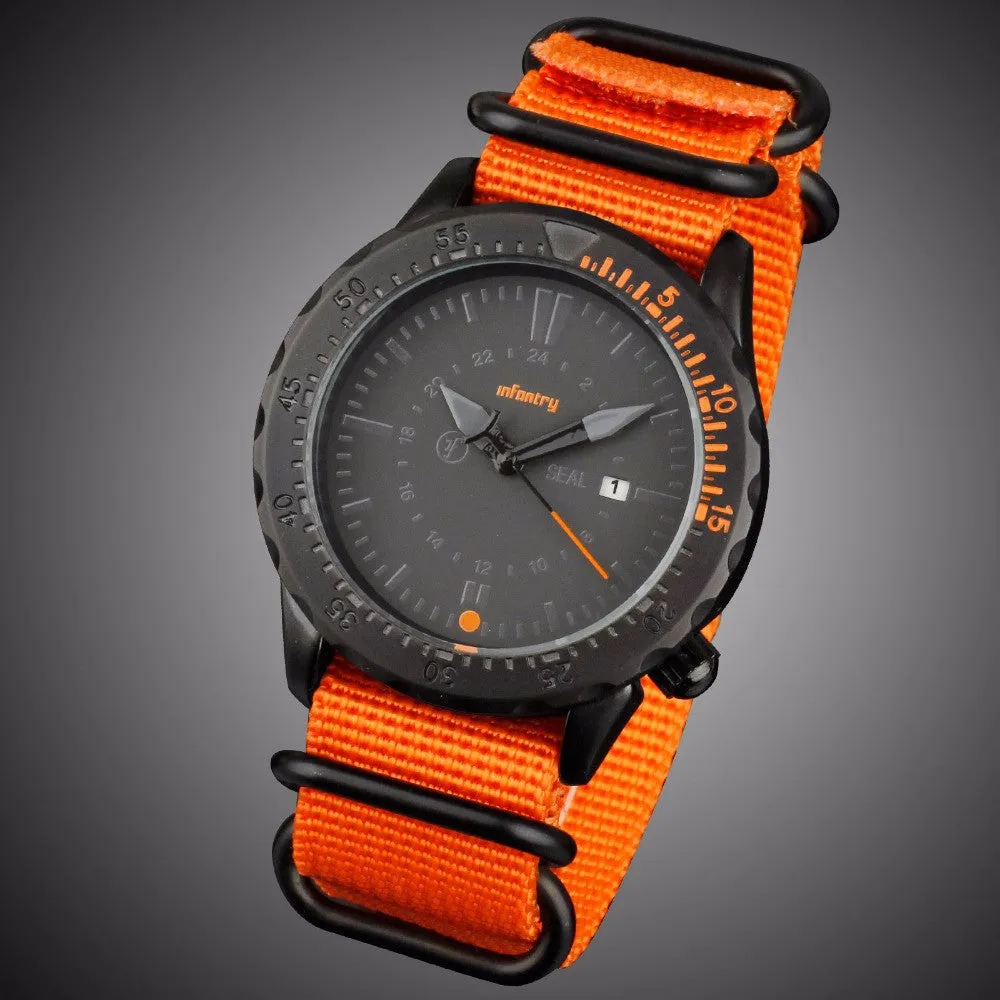 INFANTRY Mens Watches Sports Date Day Quartz Wrist Watch Military Orange G10 Nylon Strap Aviator Army Watch