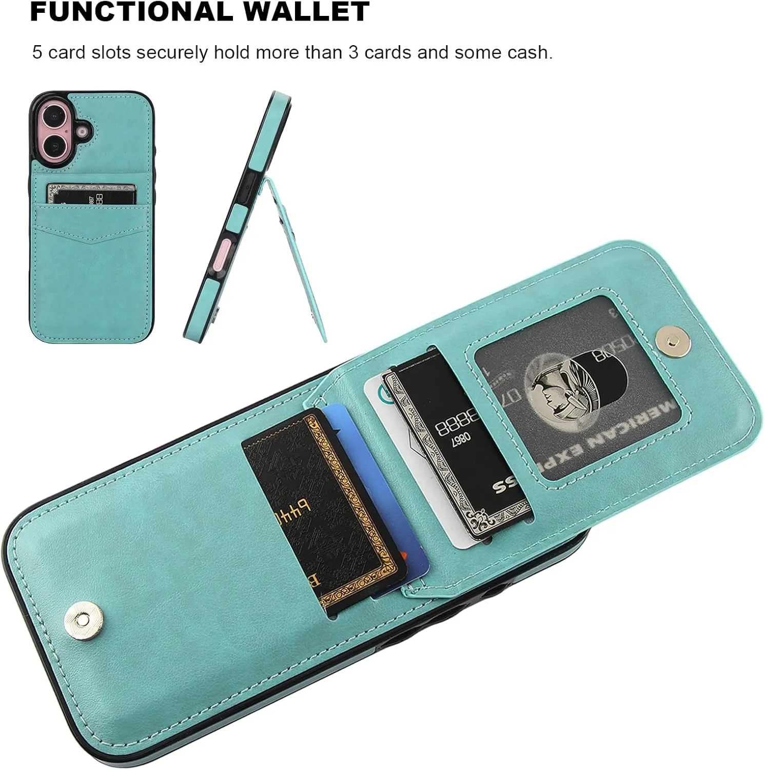 iPhone 16 Case Wallet Credit Card Holder Heavy Duty Protective Cover 16 6.1 Inch Mint Green