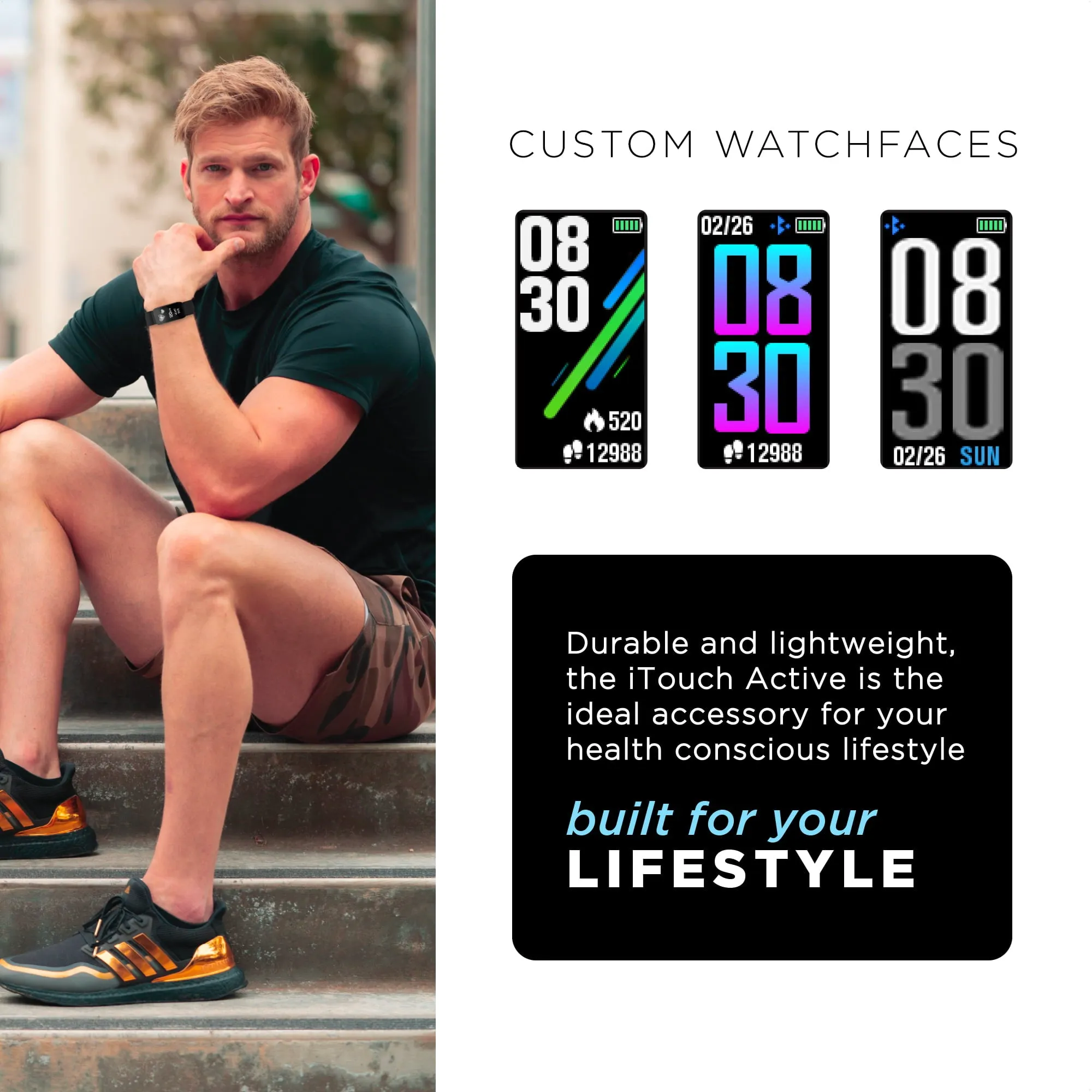 iTech Active Smartwatch Fitness Tracker, Heart Rate, Step Counter, Notification, Swimming Water Resistant for Men, Touch Screen, Compatible with iPhone and Android (Black)