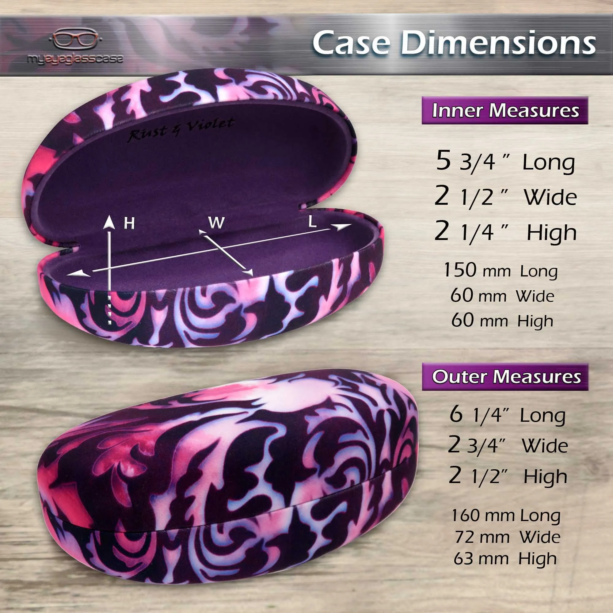 Large Hard Sunglasses Case with matching soft eyeglass pouch & cleaning Cloth for Medium to Large curved Frames (AS413 Purple Damask)