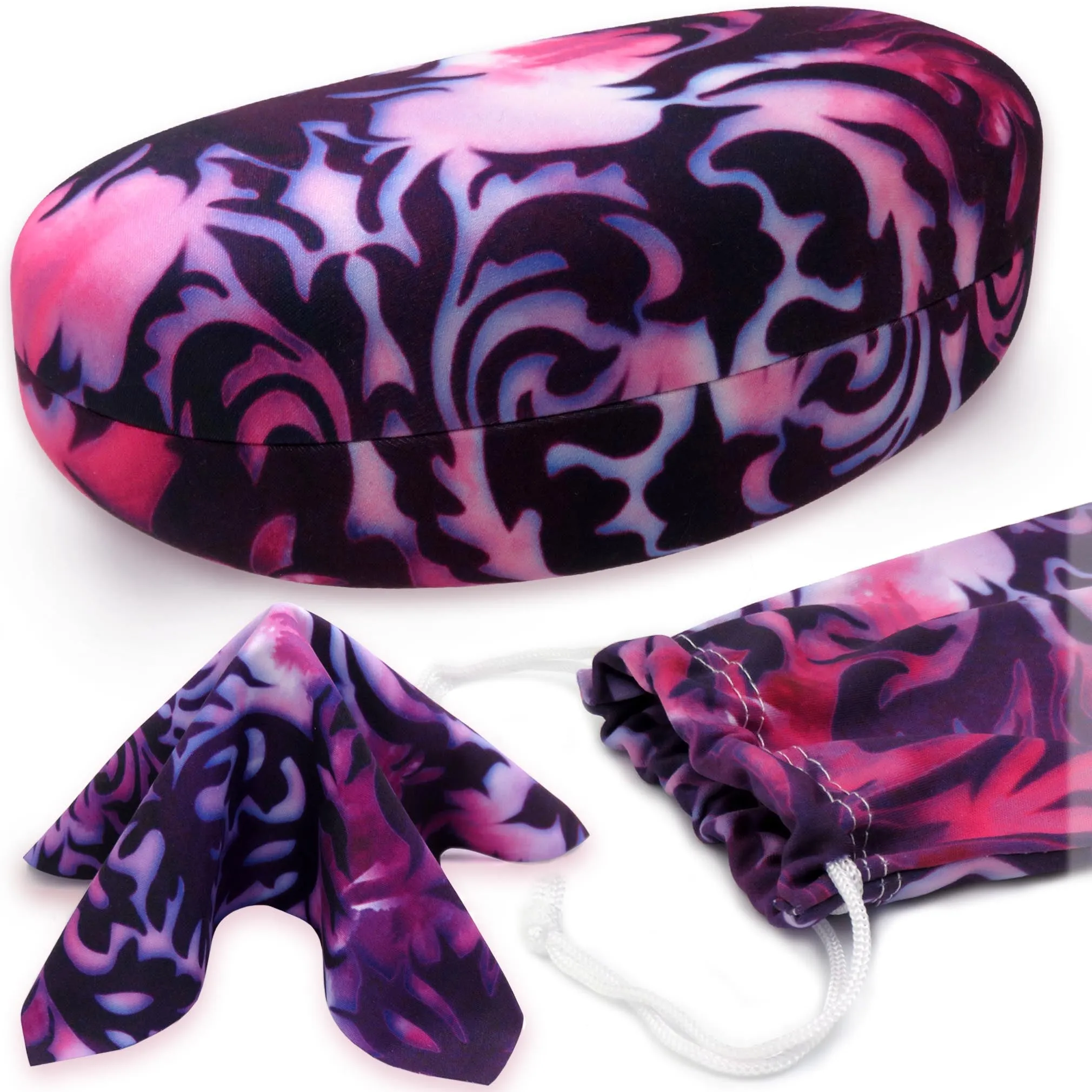 Large Hard Sunglasses Case with matching soft eyeglass pouch & cleaning Cloth for Medium to Large curved Frames (AS413 Purple Damask)