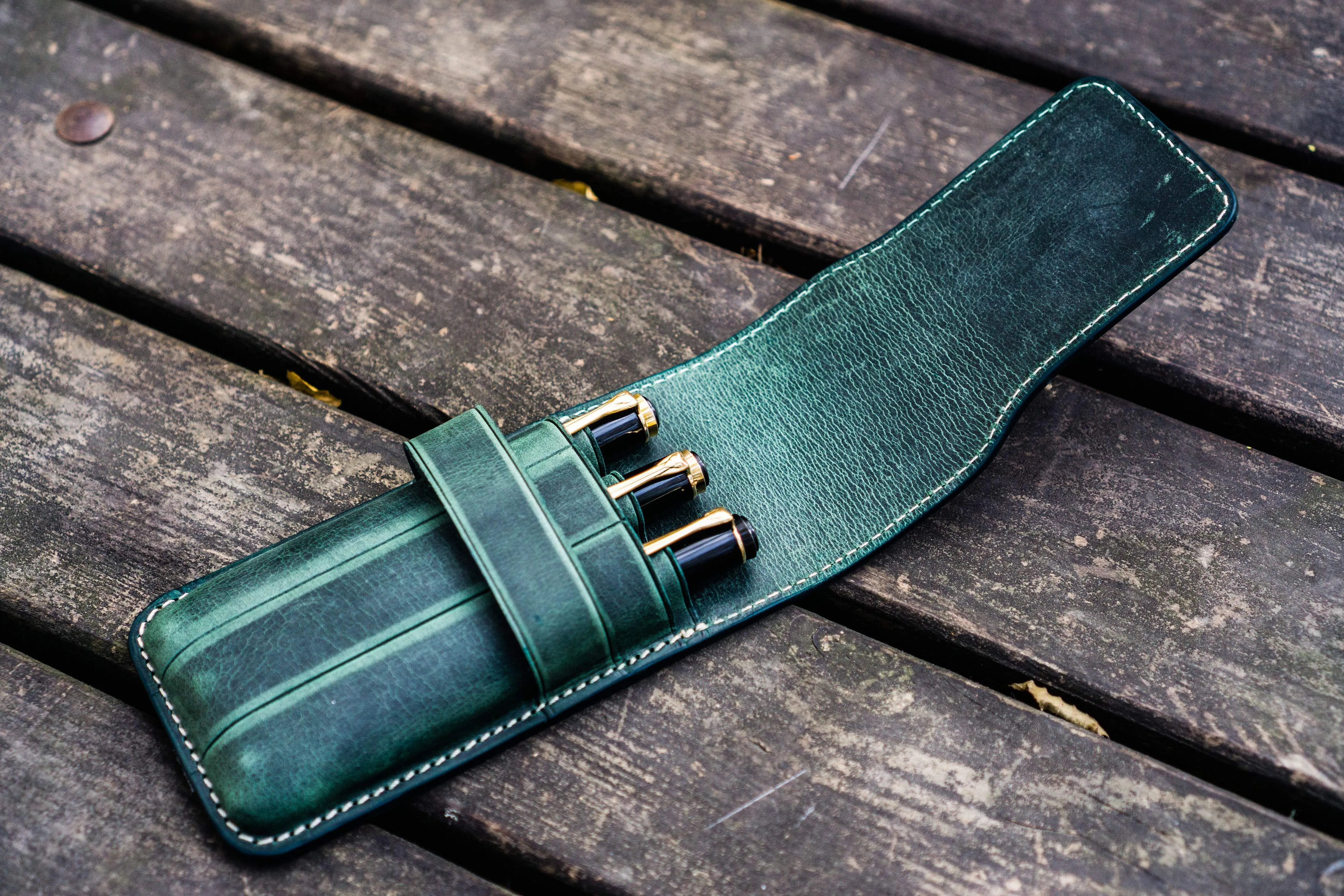 Leather Flap Pen Case for Three Pens - Crazy Horse Forest Green