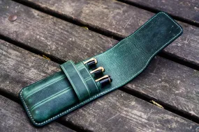 Leather Flap Pen Case for Three Pens - Crazy Horse Forest Green