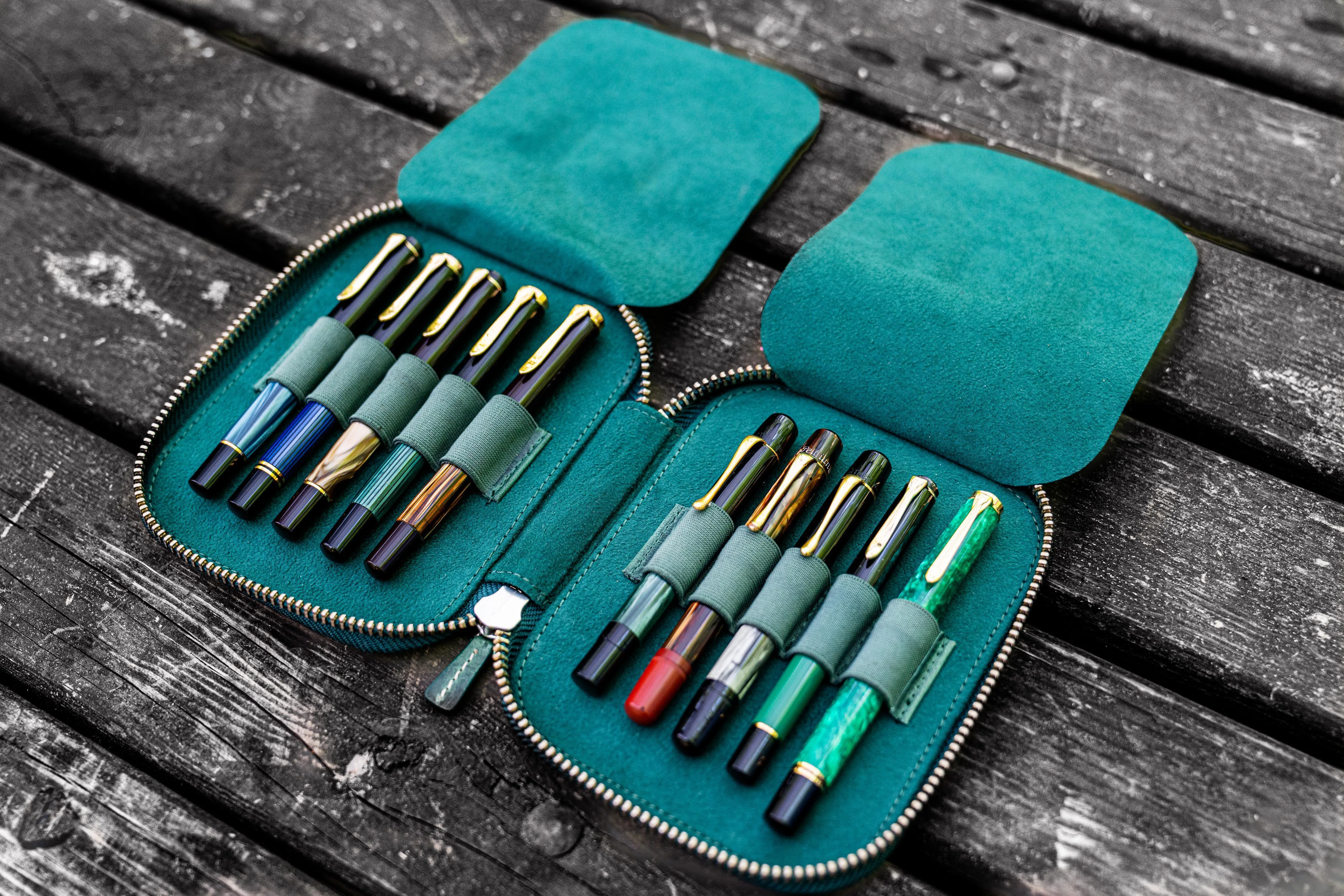 Leather Zippered 10 Slots Pen Case - Crazy Horse Forest Green