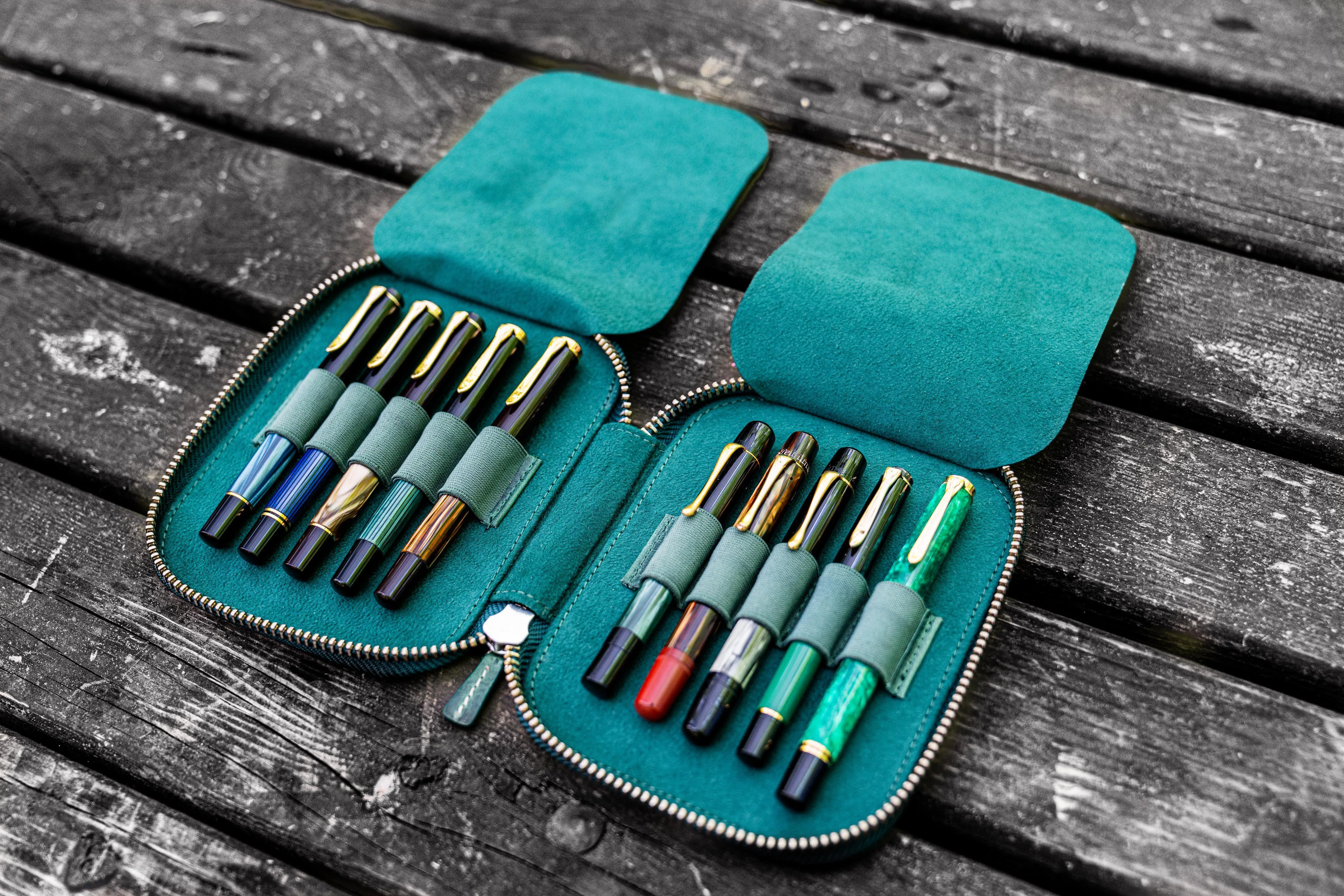 Leather Zippered 10 Slots Pen Case - Crazy Horse Forest Green