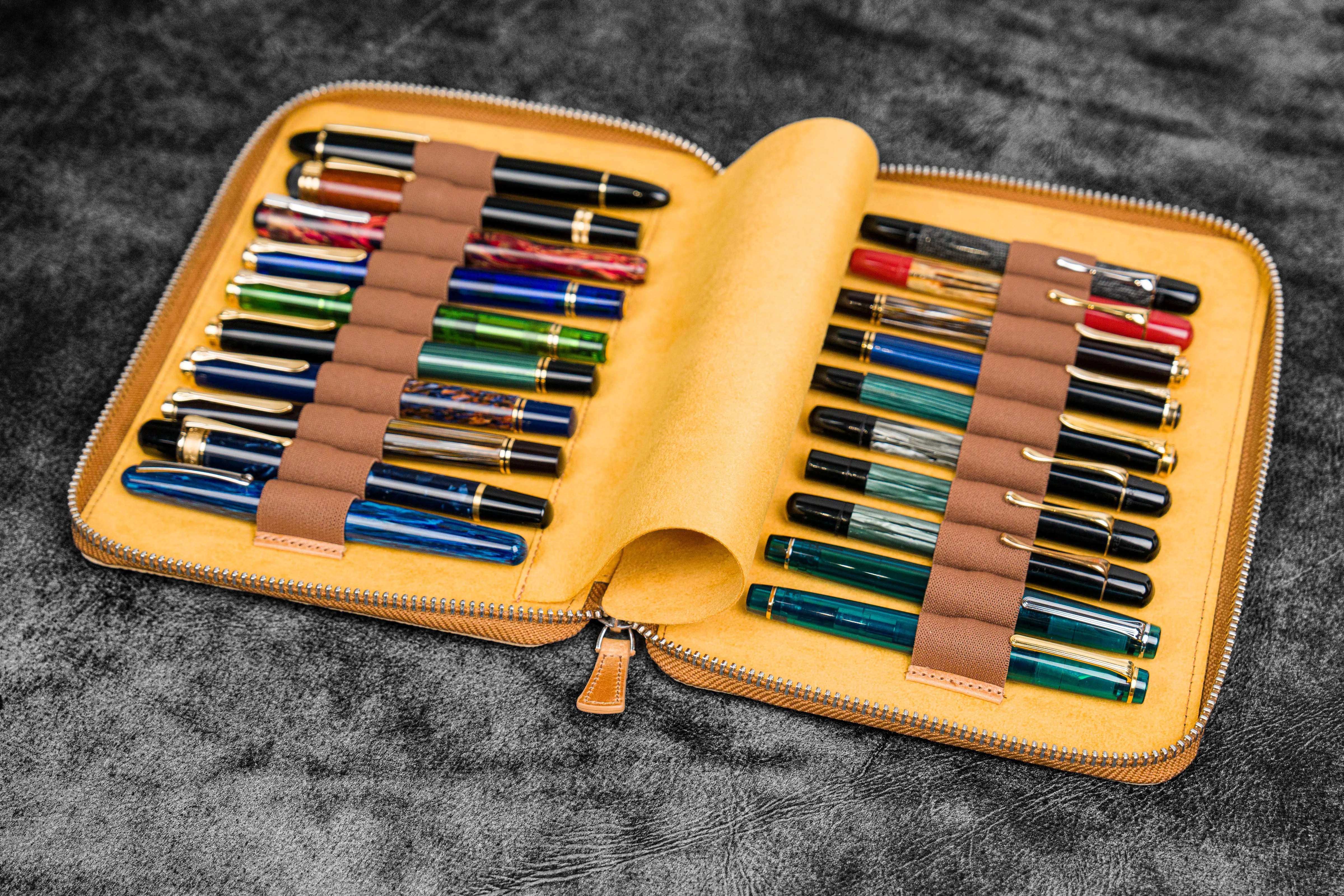 Leather Zippered 20 Slots Pen Case - Crazy Horse Honey Ochre