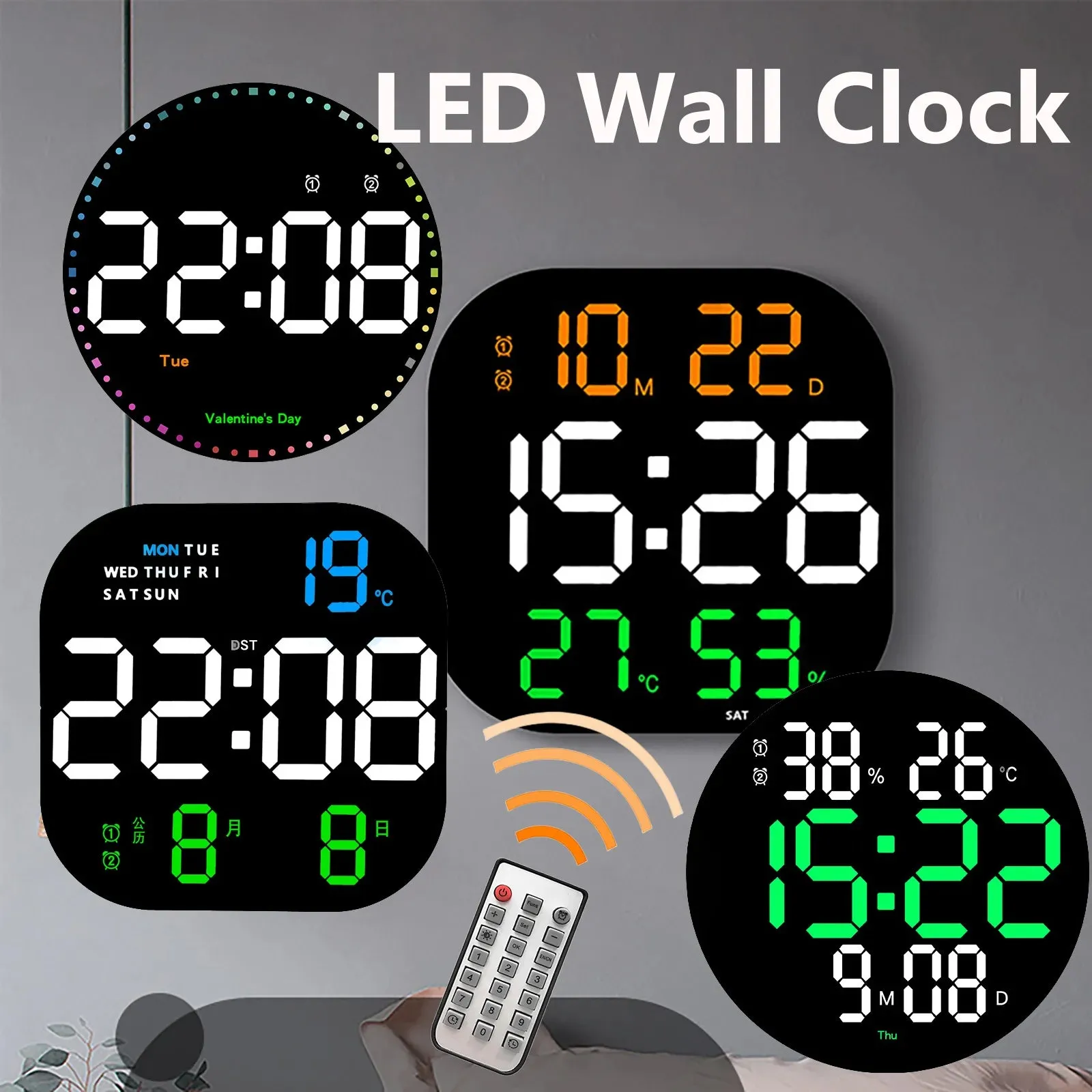 LED Digital Wall Clock Large Screen Temperature Date Day Display