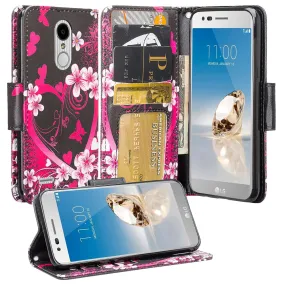 LG Aristo 2 Plus Case, Aristo 2, LG Tribute Dynasty, Rebel 3, Zone 4, Slim Flip Folio [Kickstand] Pu Leather Wallet Wristlet Cover Slots & Wrist Strap - Heart Butterflies