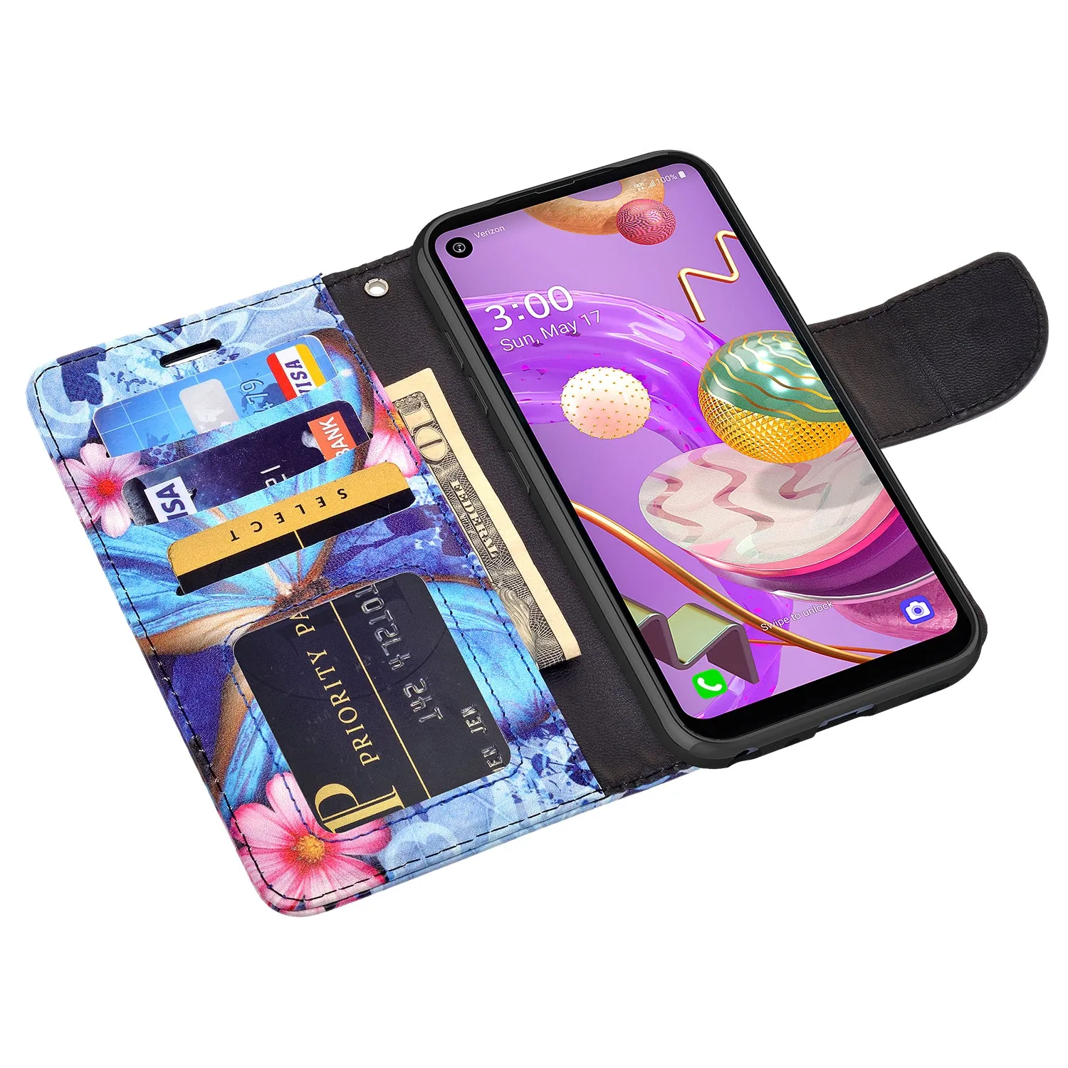 LG Aristo 5 Plus Wallet Case, Wrist Strap Pu Leather Wallet Case [Kickstand] with ID & Credit Card Slots - Blue Butterfly