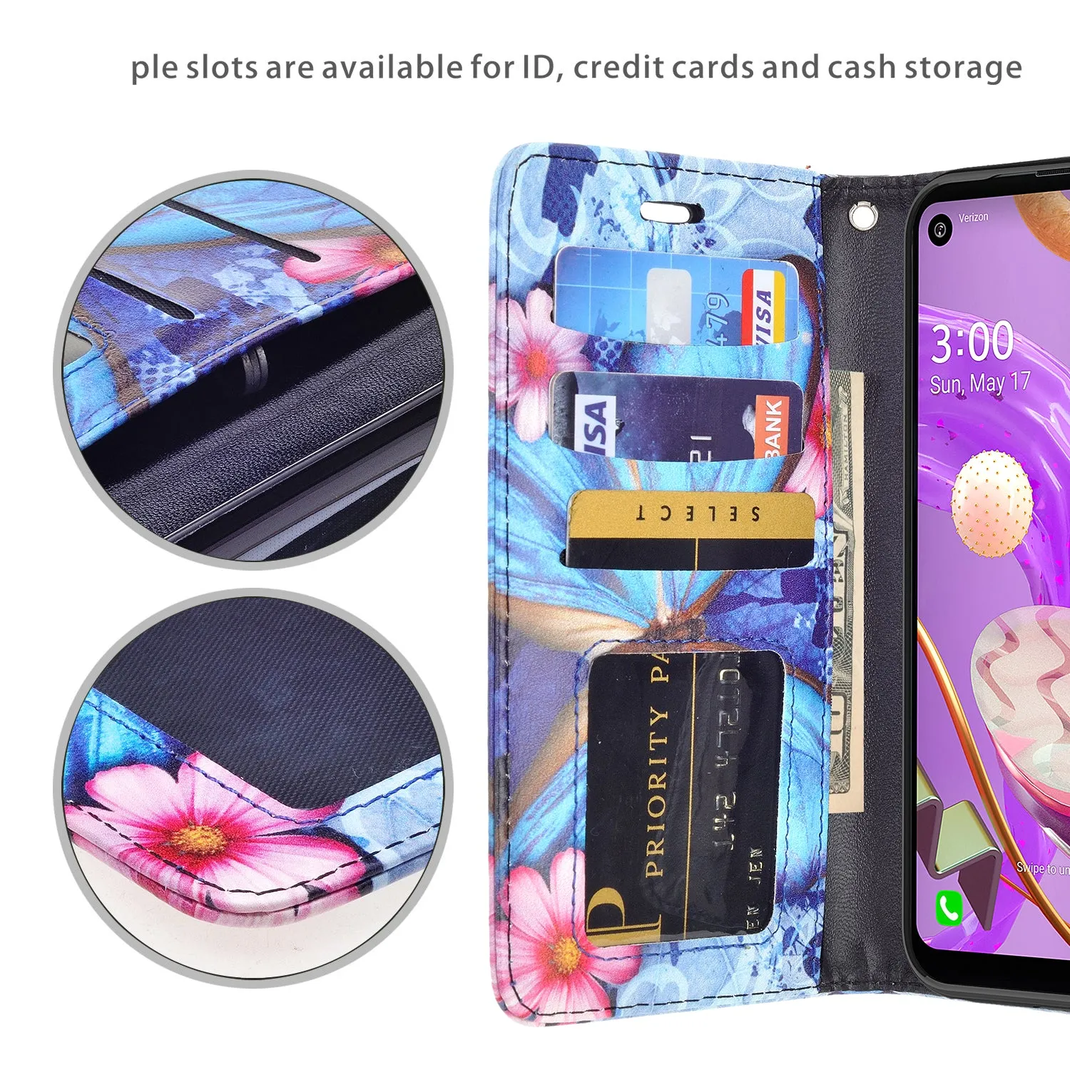 LG Aristo 5 Plus Wallet Case, Wrist Strap Pu Leather Wallet Case [Kickstand] with ID & Credit Card Slots - Blue Butterfly