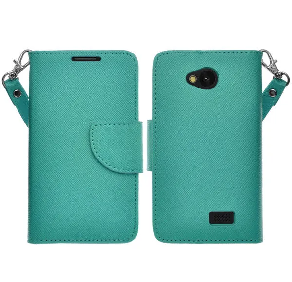 LG F60 | Optimus F60 | MS395 | D390N Case, Wrist Strap Flip Folio [Kickstand Feature] Pu Leather Wallet Case with ID & Credit Card Slots - Teal