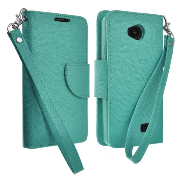 LG F60 | Optimus F60 | MS395 | D390N Case, Wrist Strap Flip Folio [Kickstand Feature] Pu Leather Wallet Case with ID & Credit Card Slots - Teal