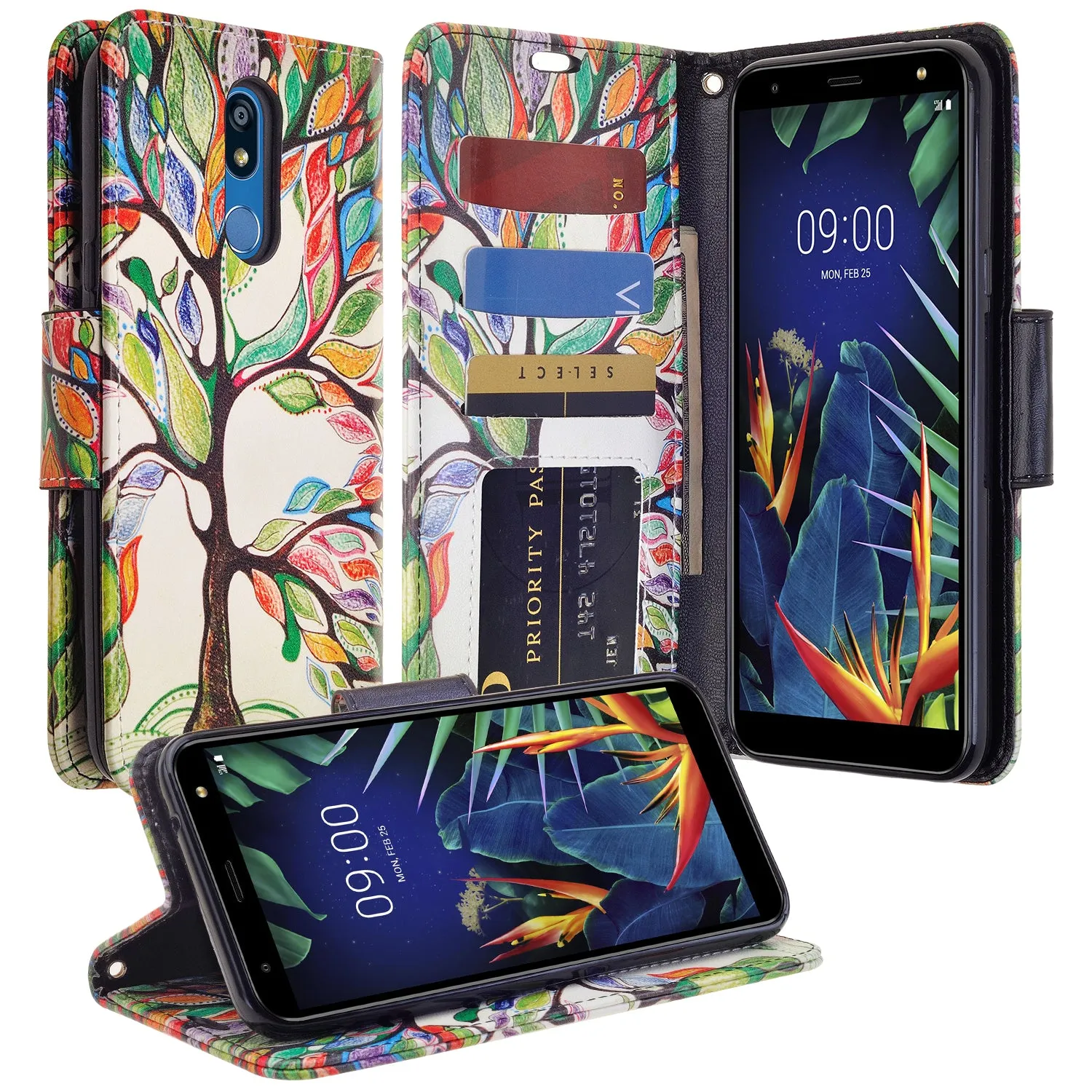 LG K40/Xpression Plus 2/K12 Plus/X4 2019/Harmony 3/LG Solo Wallet Case, Wrist Strap Pu Leather Wallet Case [Kickstand] with ID & Credit Card Slots - Vibrant Tree