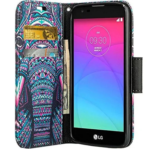 LG K8 | LG Phoenix 2 | LG Escape 3 Wallet Case, Wrist Strap [Kickstand] Pu Leather Wallet Case with ID & Credit Card Slots for LG K8 | LG Phoenix 2 | LG Escape 3 - Tribal Elephant