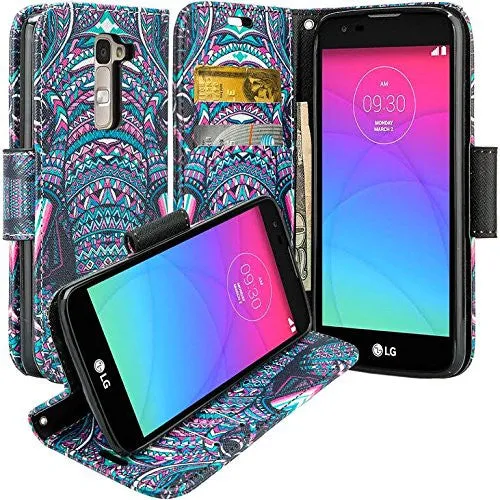 LG K8 | LG Phoenix 2 | LG Escape 3 Wallet Case, Wrist Strap [Kickstand] Pu Leather Wallet Case with ID & Credit Card Slots for LG K8 | LG Phoenix 2 | LG Escape 3 - Tribal Elephant