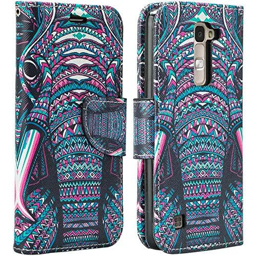 LG K8 | LG Phoenix 2 | LG Escape 3 Wallet Case, Wrist Strap [Kickstand] Pu Leather Wallet Case with ID & Credit Card Slots for LG K8 | LG Phoenix 2 | LG Escape 3 - Tribal Elephant