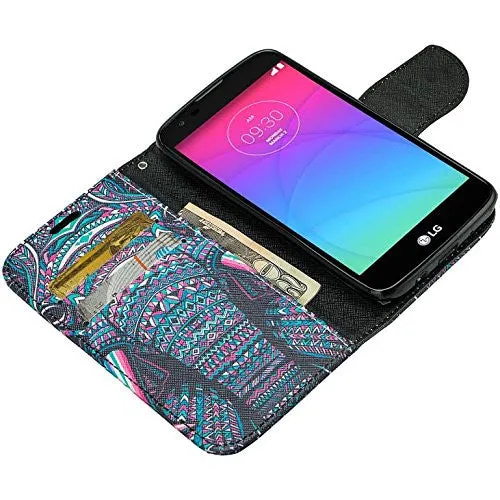 LG K8 | LG Phoenix 2 | LG Escape 3 Wallet Case, Wrist Strap [Kickstand] Pu Leather Wallet Case with ID & Credit Card Slots for LG K8 | LG Phoenix 2 | LG Escape 3 - Tribal Elephant