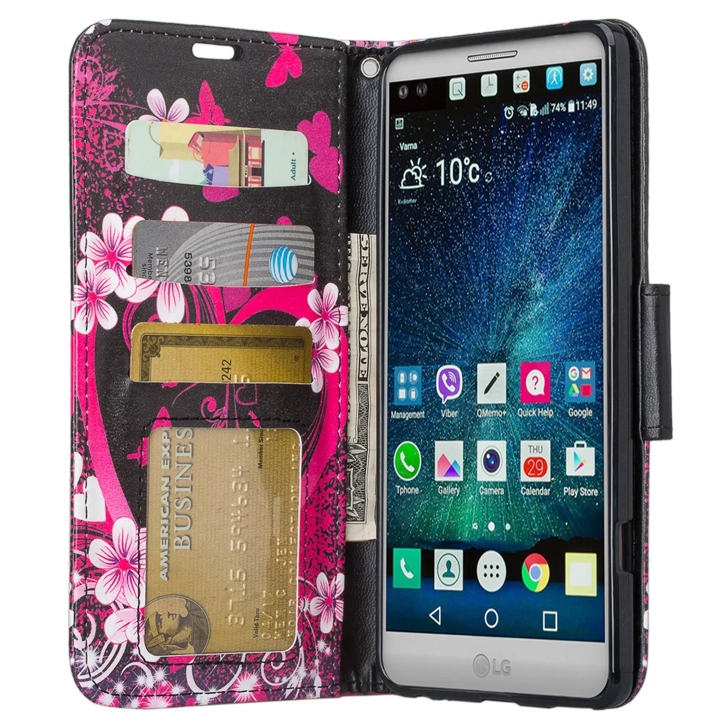 LG V20 Case, Wrist Strap Pu Leather Wallet Case with ID & Card Slots for LG V20 - Flower Heart