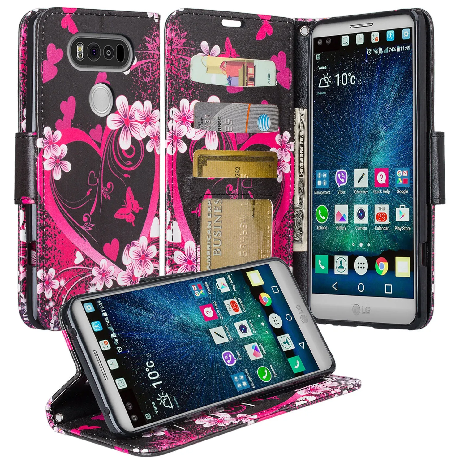 LG V20 Case, Wrist Strap Pu Leather Wallet Case with ID & Card Slots for LG V20 - Flower Heart