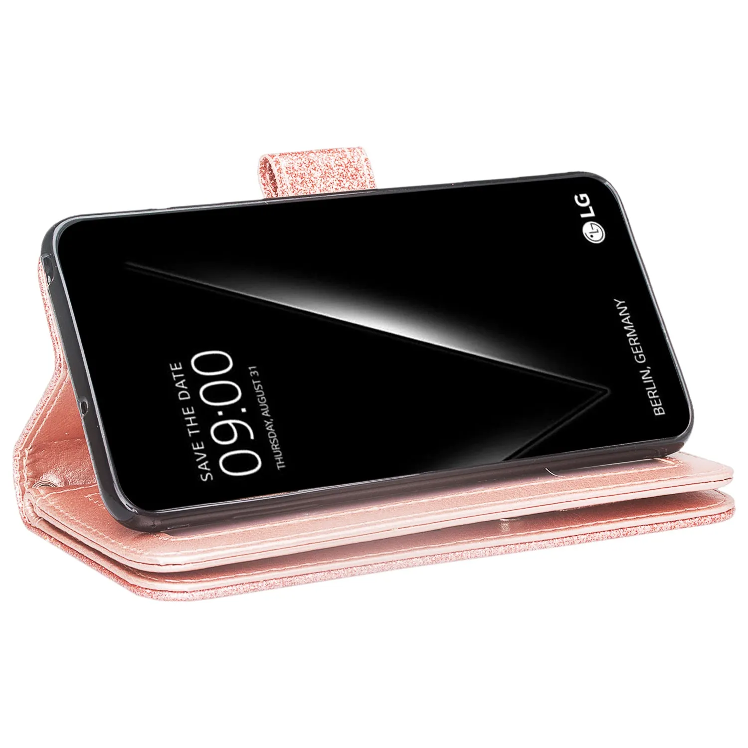 LG V30 Case, V30 Plus, [Wrist Strap] Glitter Faux Leather Flip [Kickstand Feature] Protective Wallet Wristlet Cover - Rose Gold