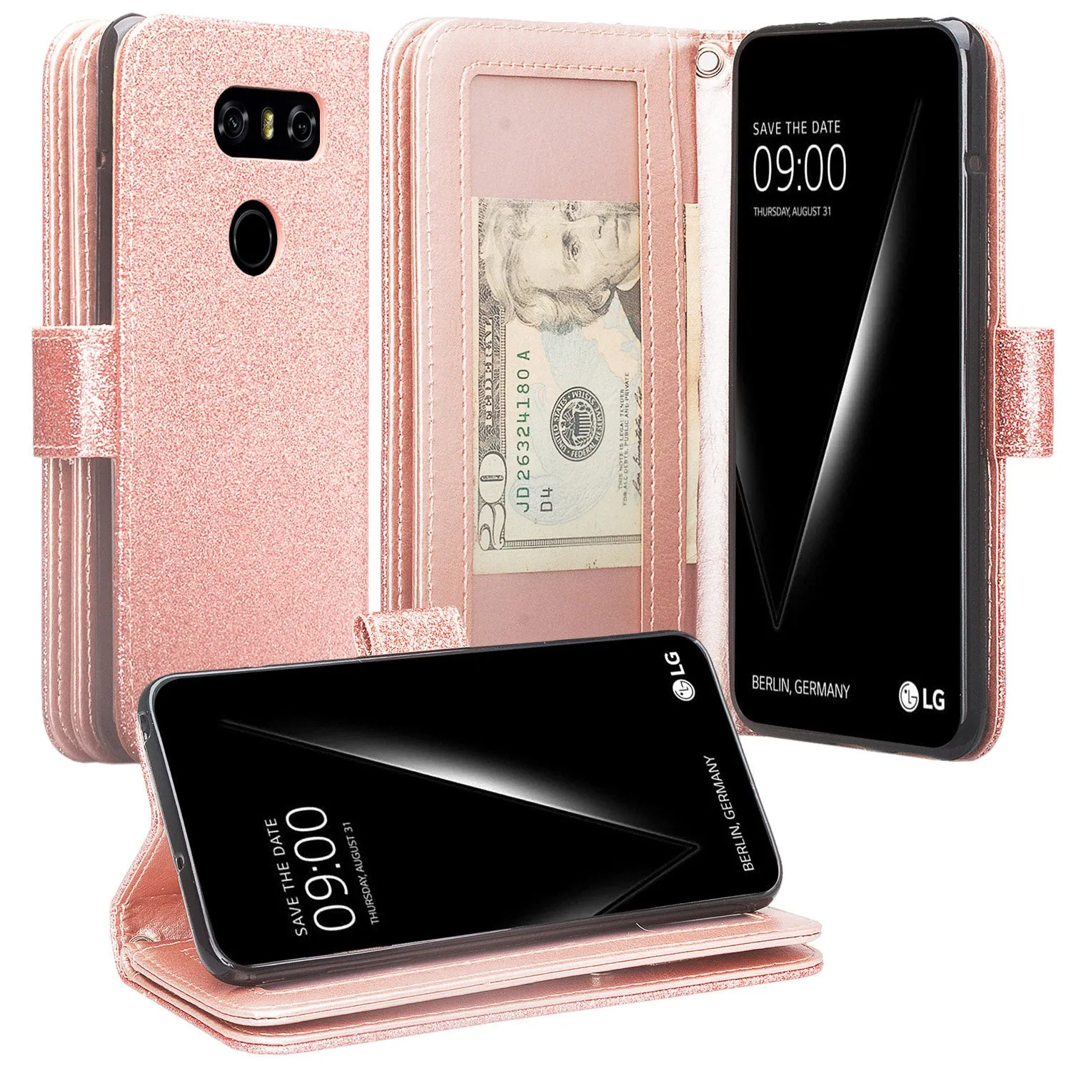 LG V30 Case, V30 Plus, [Wrist Strap] Glitter Faux Leather Flip [Kickstand Feature] Protective Wallet Wristlet Cover - Rose Gold