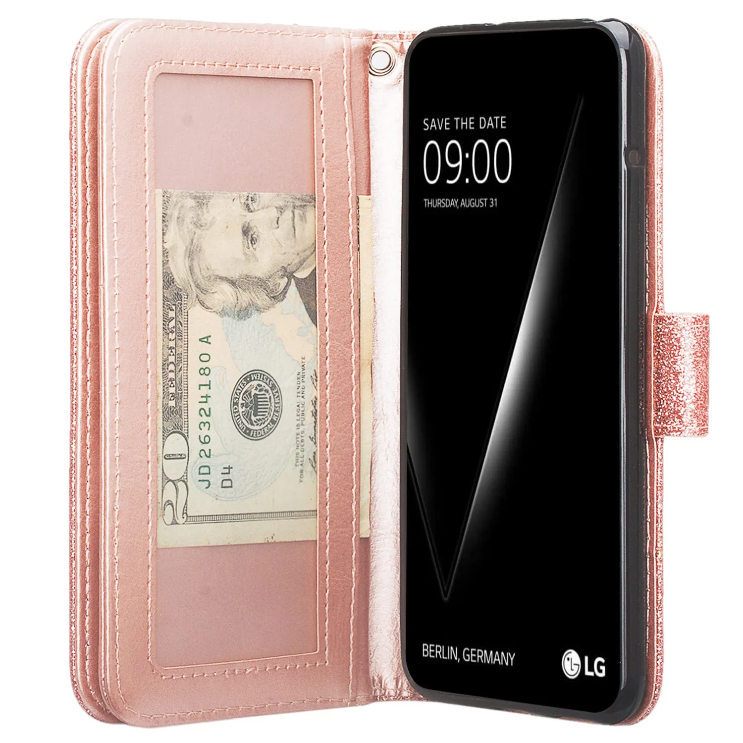 LG V30 Case, V30 Plus, [Wrist Strap] Glitter Faux Leather Flip [Kickstand Feature] Protective Wallet Wristlet Cover - Rose Gold